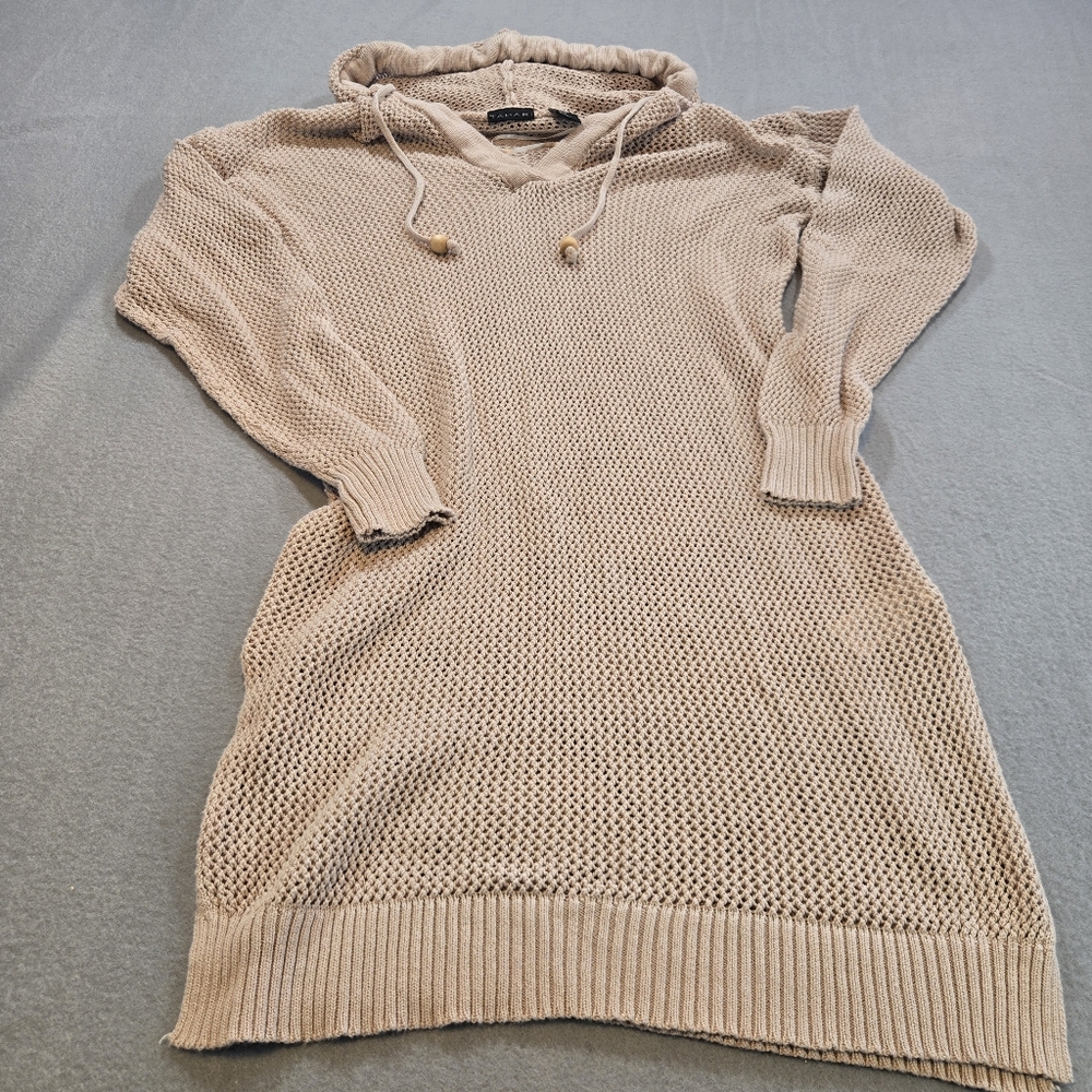 Tahari Sweater Dress Women Medium Beige Open Knit Hooded Long Sleeve V-Neck Slit